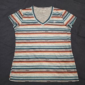 Ariat Tek Women's T-Shirt Top Size Large Stripe Southwest V-Neck Logo